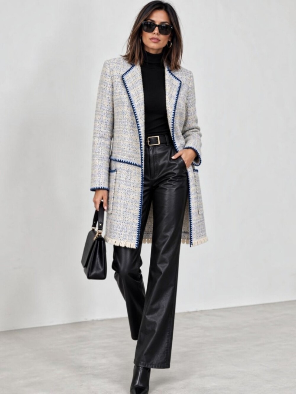 Zara Ivory Tweed Open Front Long Duster Coat Blue Stitched Trim Fringe Large